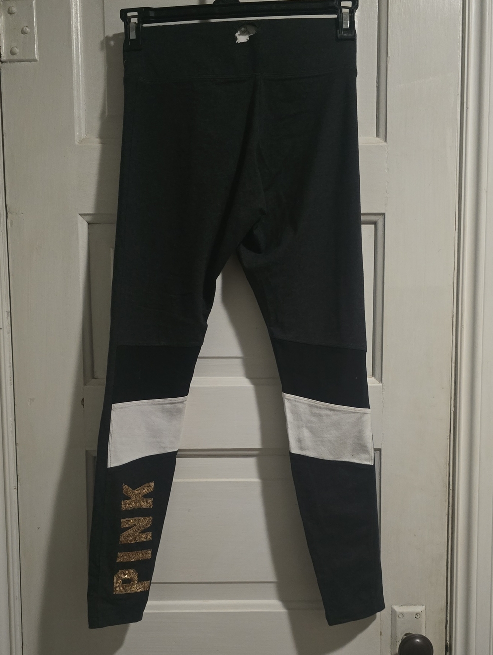 PINK Victoria's Secret Black Leggings with White Panels and Gold Logo
